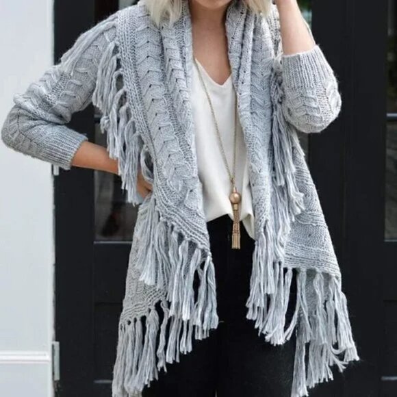 BB Dakota Sweaters - Anthropologie BB Dakota Karli Fringe Cream Long Cable Knit Wool Shawl Cardigan